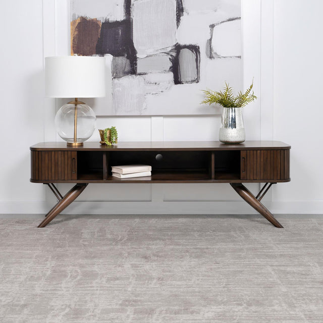 Valna 71 inch rectangular walnut TV stand sliding doors closed