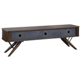 Back showing wire management holes on walnut TV stand