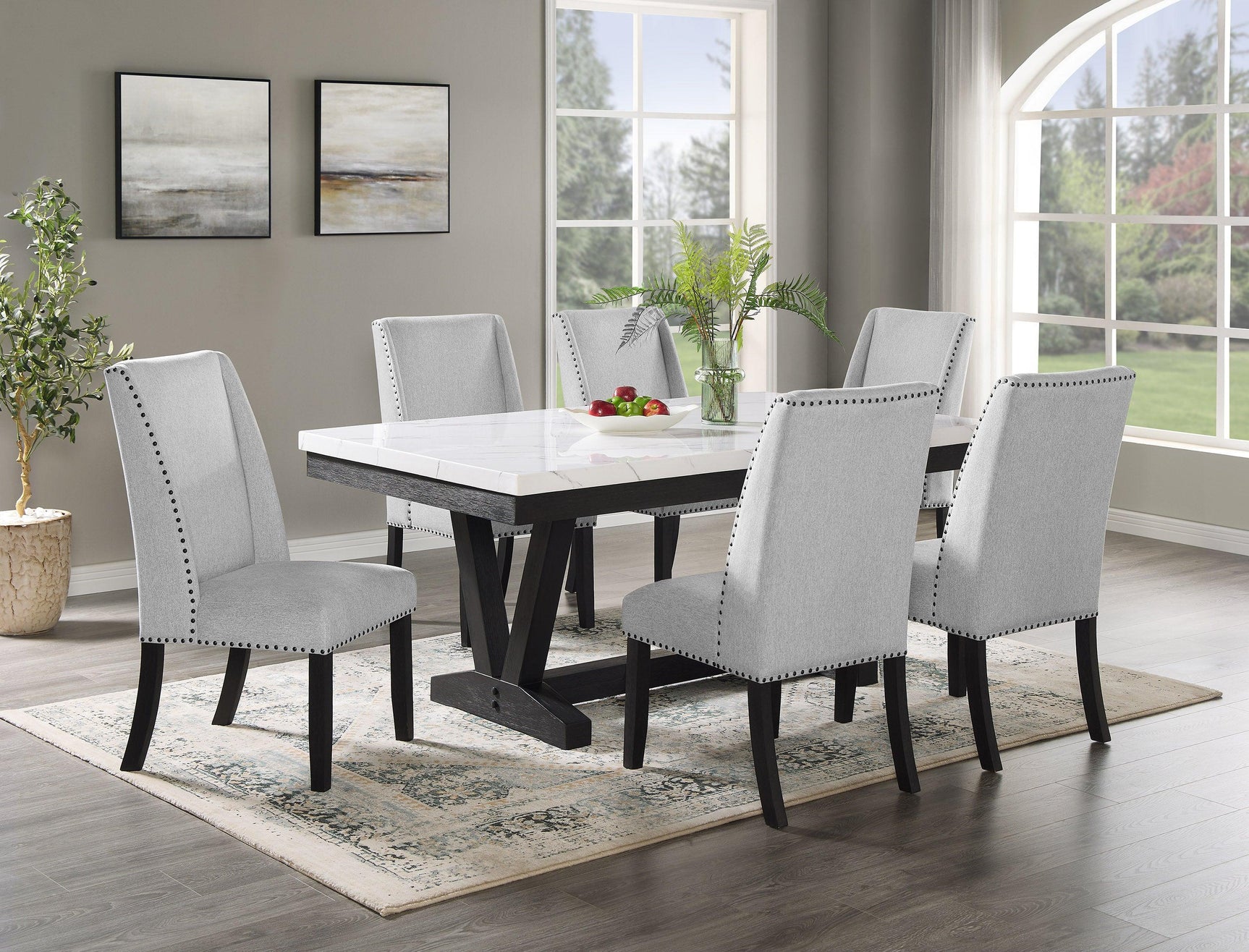 Vance dining set room view with fabric upholstered chairs