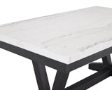 Room perspective of Varley Vance dining set with marble top and bench