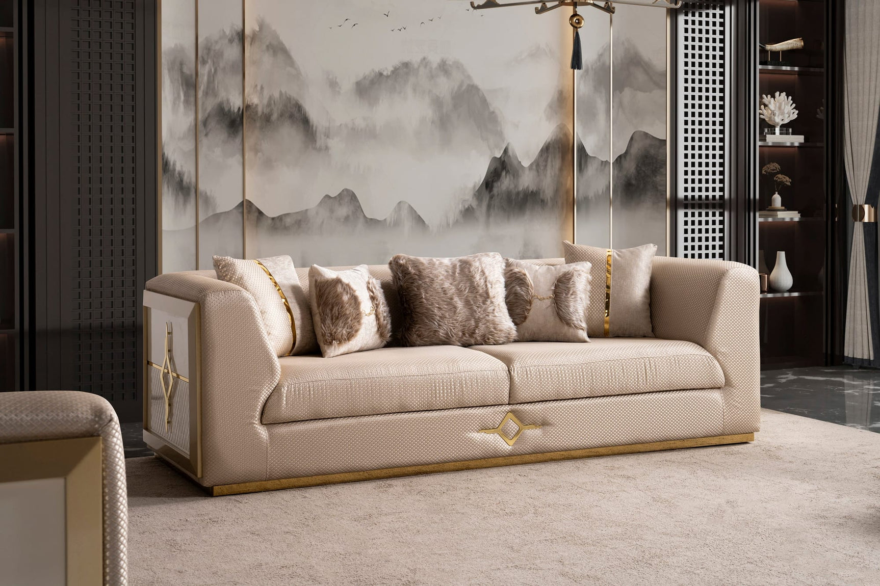 Vega Sofa, Loveseat, and Chair Set with Textured Upholstery and Gold Accents view 4