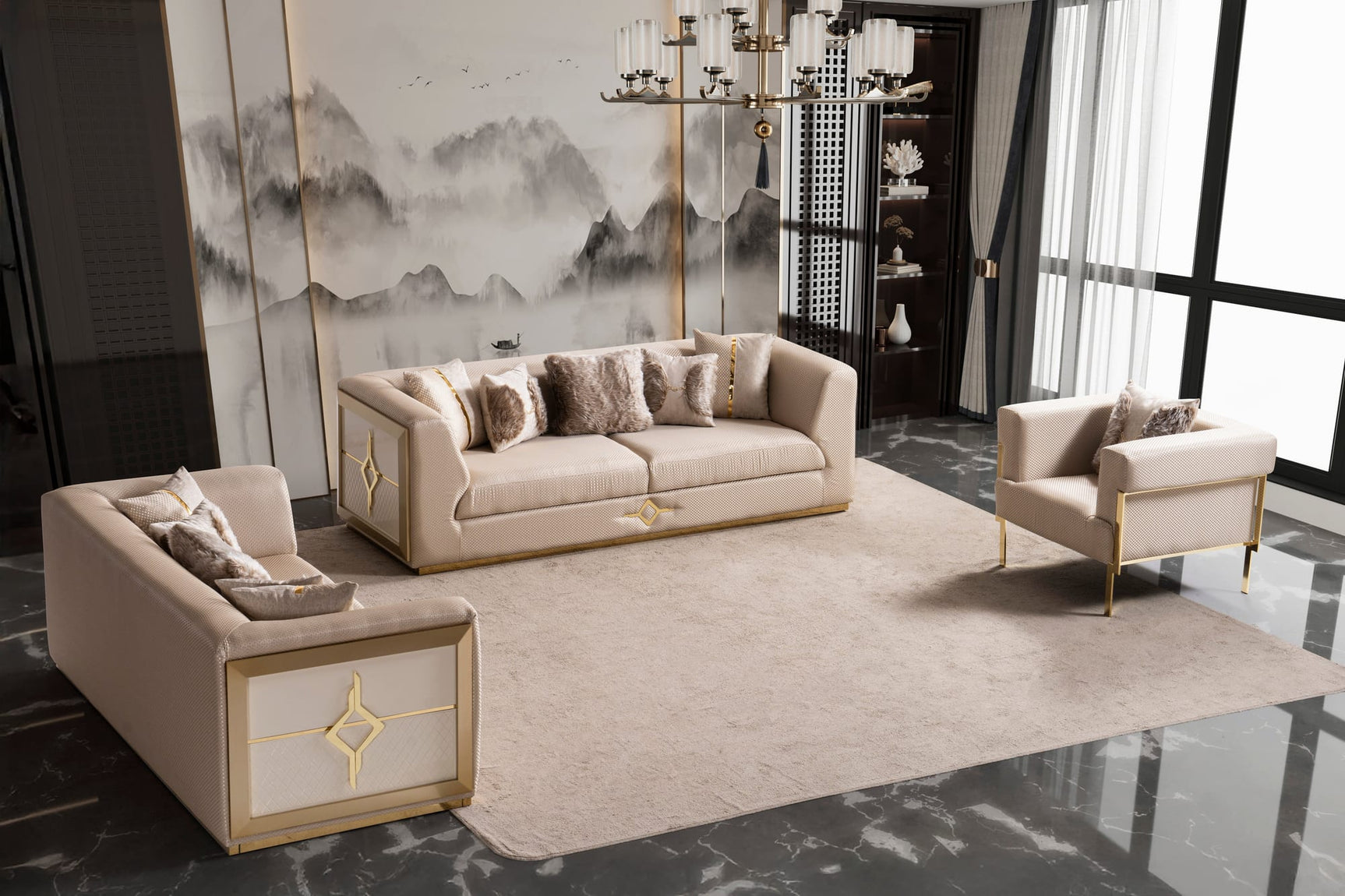 Vega Sofa, Loveseat, and Chair Set with Textured Upholstery and Gold Accents view 5