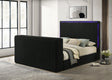 Villa black upholstered LED platform queen bed angled view