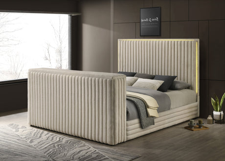 Villa off-white upholstered LED platform king bed angled view