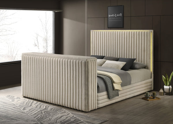 Villa white upholstered LED platform queen bed angled view