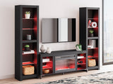 Cayberry black TV stand front view with fireplace insert and glowing LED lights