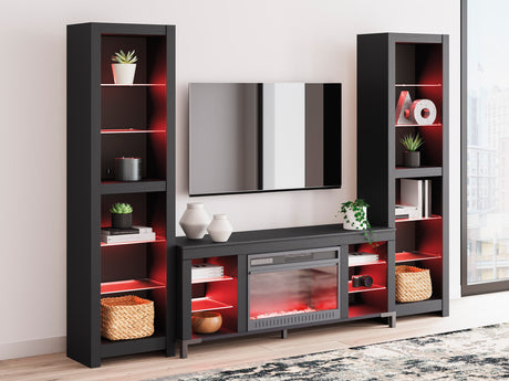 Cayberry black TV stand front view with fireplace insert and glowing LED lights