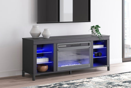 Black TV stand with blue LED lights illuminated, front view