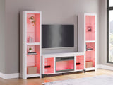 Brollevi white TV stand with fireplace, angled left view