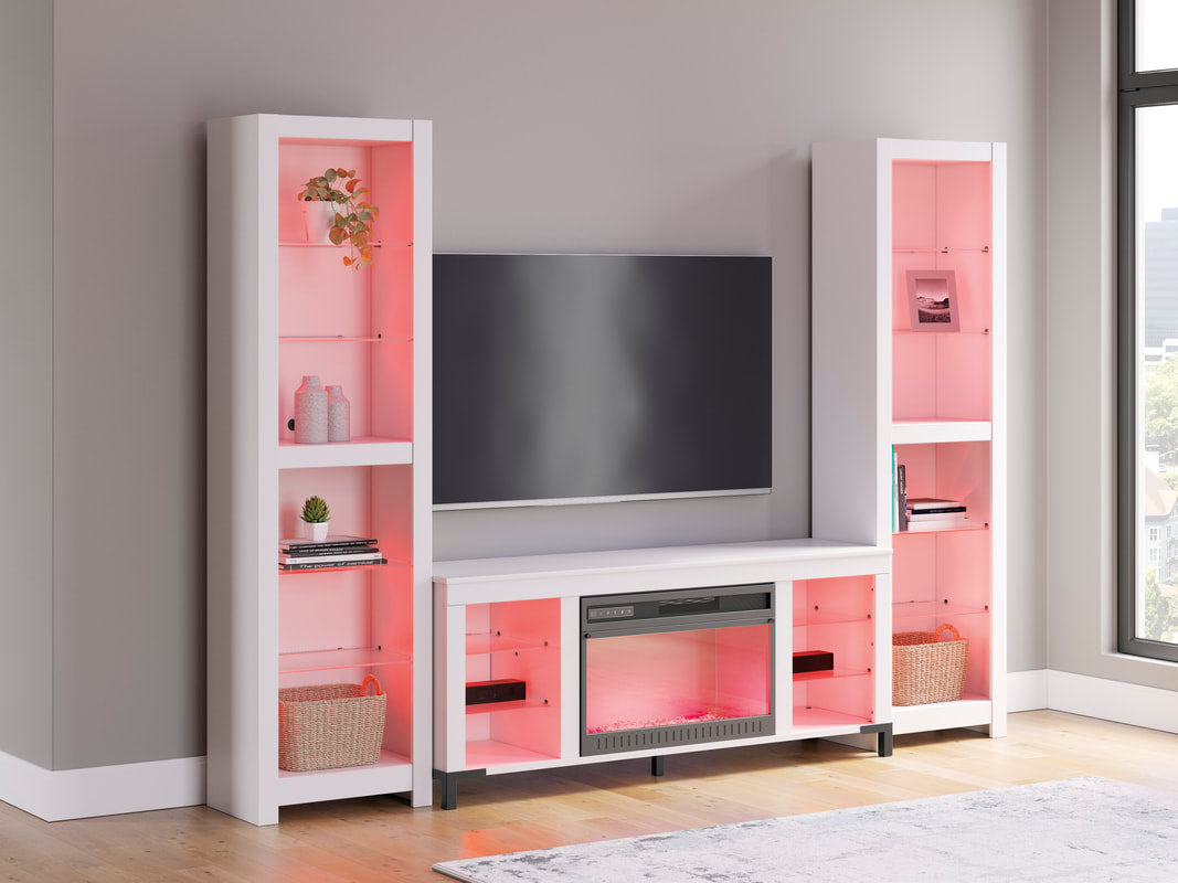 Brollevi white TV stand with fireplace, angled left view