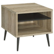 Welsh Square Wood End Table front view showing antique pine finish and grey shelf