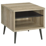 Welsh Square Wood End Table front view showing antique pine finish and grey shelf