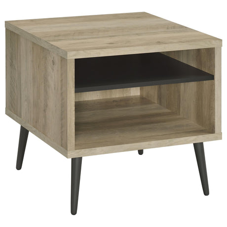 Welsh Square Wood End Table front view showing antique pine finish and grey shelf