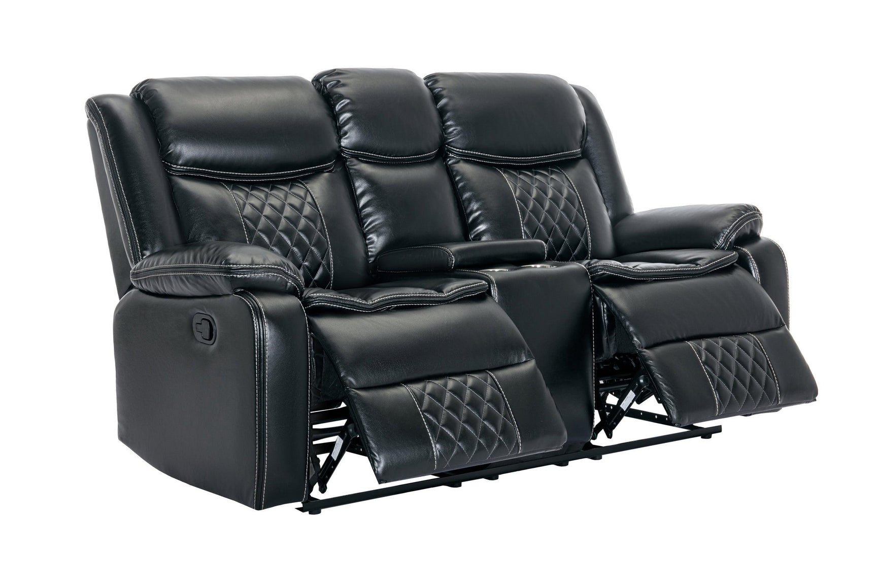 Weston black leather reclining loveseat close-up