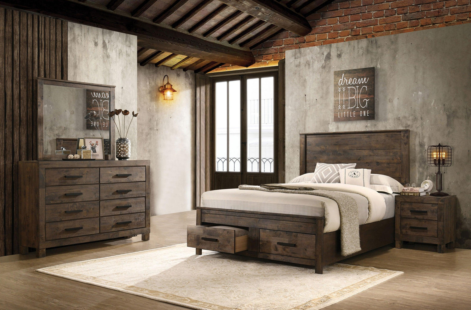 main view of Woodmont Rustic Golden Brown Storage Bedroom Set bed