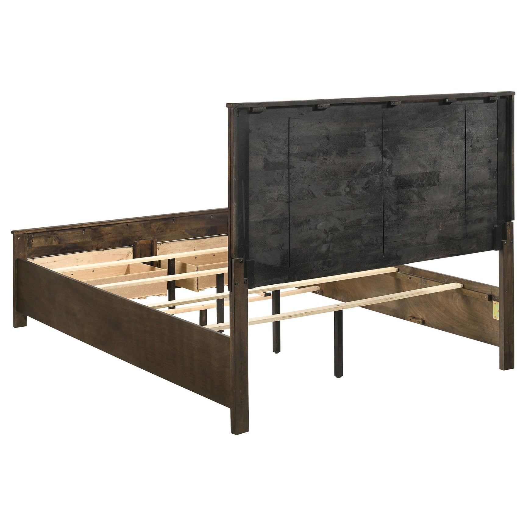 Side angle of Woodmont Rustic Golden Brown Storage Bedroom Set bed
