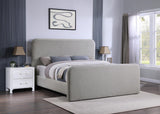 Grey upholstered queen platform bed angled view