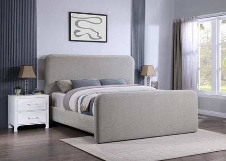 Grey upholstered queen platform bed angled view
