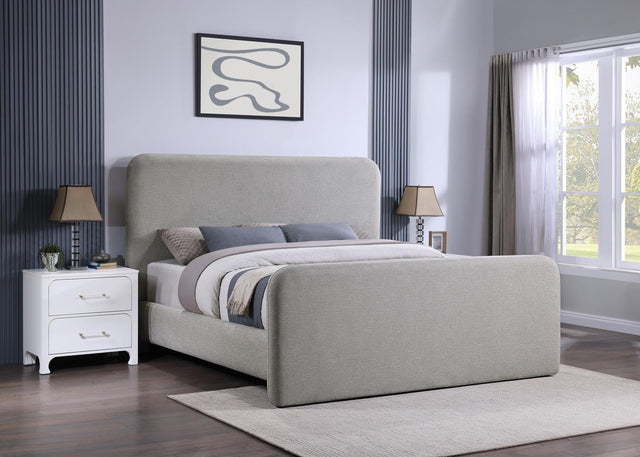 Grey upholstered queen platform bed angled view