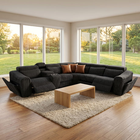 Yash Black Corduroy Reclining 6-Piece Sectional Sofa from Decor Furniture