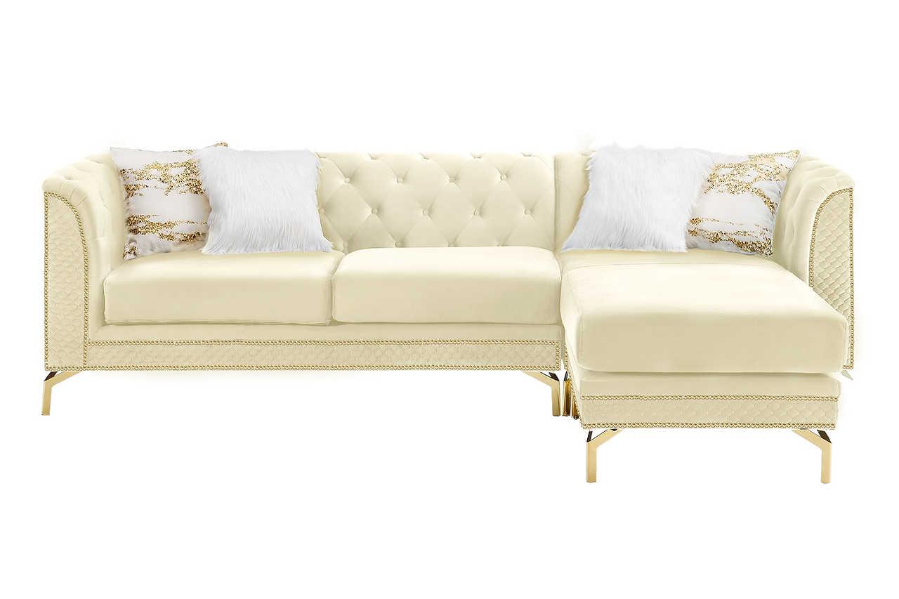 Side view of Zia Beige Velvet Tufted 2-Piece Reversible Sectional Sofa