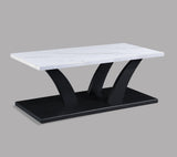 Zion cocktail table side angle showing marble top and wood base